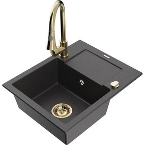 Mexen Enzo, 1-komorový granitový drez 576x465x174 mm a drezová batéria Elia, čierna škvrnitá, 6506-76-670101-50