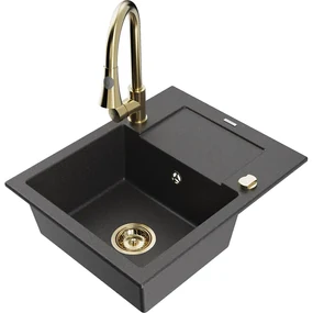 Mexen Enzo, 1-komorový granitový drez 576x465x174 mm a drezová batéria Elia, čierna škvrnitá, 6506-76-670101-50