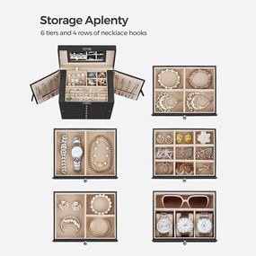 6-úrovňová šperkovnica so zrkadlom a sponou, 5 zásuvkami, čierna