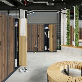 Kovová šatňová dvojmodulová skriňa na sokli s policou KACPER, 800 x 1800 x 500 mm, Eco Design: antracitová/ orech