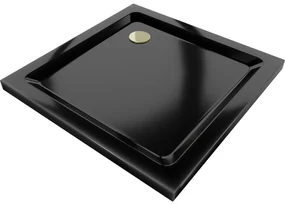 Mexen Flat štvorcová sprchová vanička slim 80 x 80 cm, čierna, syfon zlatá - 40708080G