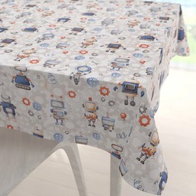 Biante Detský bavlnený štvorcový obrus Sandra SA-584 Svet robotov na sivo-bielom 130x130 cm