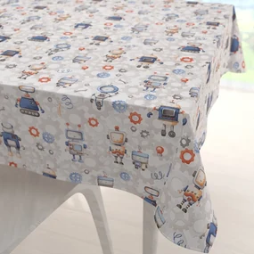 Biante Detský bavlnený štvorcový obrus Sandra SA-584 Svet robotov na sivo-bielom 150x150 cm