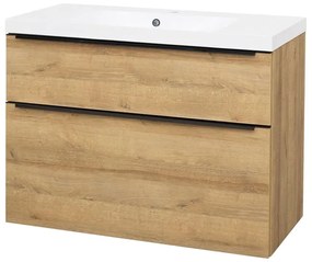 Mereo Mailo, kúpeľňová skrinka s umývadlom z liateho mramoru 101 cm, dub Riviera, čierne madlo, MER-CN522MB