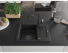 Mexen Enzo, granitový drez 576x465x174 mm, 1-komorový a drezová batéria Carla, čierna, 6506-77-670700-70-B