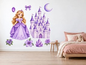 Princezná vo fialovom kráľovstve fialové rozprávkové nálepky na stenu do detskej izbičky pre dievčatá arch 31 x 46 cm