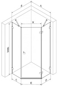 Mexen Lunar, päťuholníkový sprchový kút s pravým sklonom 90 x 90 cm, 8mm číre sklo, profil ružové zlato, 831-090P-090L-60-00-P