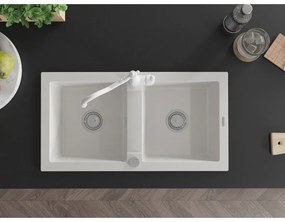 Mexen Mario, granitový drez 820x436x161 mm, 2-komorový a drezová batéria Carla, biela, 6504-20-670700-20