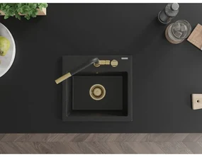 Mexen Milo, 1-komorový granitový drez 435x410x171 mm a drezová batéria Flora, čierna-strieborná metalíza, 6505-73-670401-57-G
