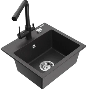 Mexen Milo, granitový drez 435x410x171 mm, 1-komorový a čierna batéria Duero, čierna škvrnitá, 6505-76-671600-70