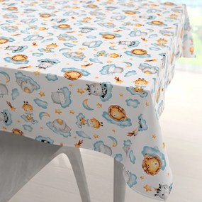 Biante Detský bavlnený štvorcový obrus Sandra SA-693 Africké zvieratká na modrých obláčikoch na bielom 60x60 cm