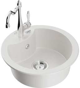 Mexen Diego, granitový drez 488x488x167 mm, 1-komorový a drezová batéria Carla, biela, 6512-20-670700-00