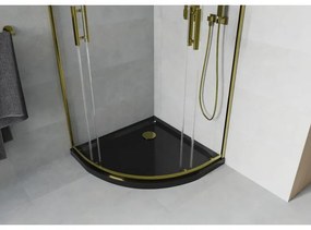 Mexen Rio, štvrťkruhový sprchovací kút s posuvnými dverami 90(dvere) x 90(dvere) x 190 cm, 6mm číre sklo, zlatý profil + čierna sprchová vanička SLIM, 863-090-090-50-00-4170G