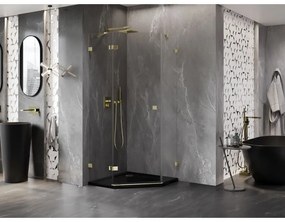 Mexen Lunar, Päťuholníkový sprchový kút Mexen Lunar naklápací doľava 100 x 100 cm, 8mm číre sklo, zlatý profil, 831-100L-100P-50-00-L