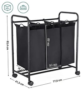 Kôš na prádlo, 3 odnímateľné priehradky, 81,5x77x41cm, čierny