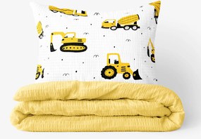 Goldea detské krepové obliečky duo - bagre a stavebné autá so žltou 140 x 200 a 70 x 90 cm