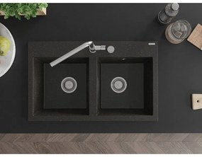 Mexen Hektor, 2-komorový granitový drez 800x480x205 mm, čierna-zlatá metalíza, chrómový sifón, 6521802000-75