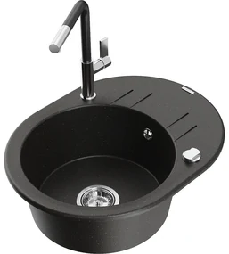 Mexen Kevin, 1-komorový granitový drez 586x458x190 mm a drezová batéria Flora, čierna-zlatá metalíza, 6517-75-670401-07