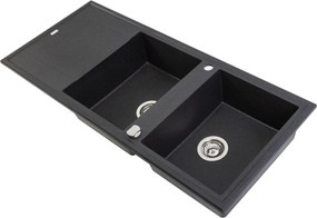 Laveo Megalo, 2-komorový granitový drez 1160x500x185 mm s dlhým odkvapávačom, čierna škvrnitá, LAV-SBE_721T
