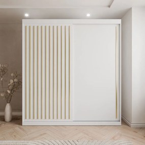 ŠATNÍKOVÁ SKRIŇA S POSUVNÝMI DVERAMI CYNTIA BIELA + ZLATÉ LIŠTY 200 cm