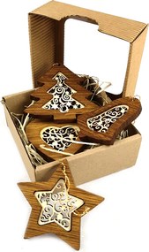 AMADEA Vianočný set 4 druhov drevených ozdôb z masívu s vkladom - ornament + krabička