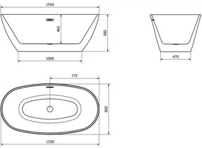 Mexen Eris, voľne stojaca vaňa 155 x 80 cm, biela, brúsený grafit prepad, 53441558000-95