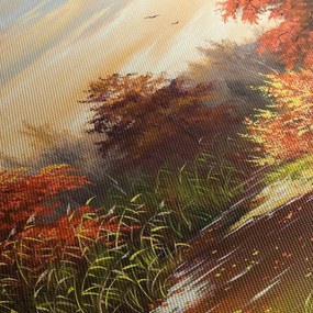 Obraz rieky v jesennej krajine, olejomaľba (s hodinami) (90x30 cm)