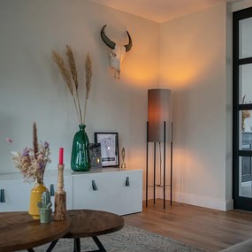 Moderná stojaca lampa čierna s plyšovým sivým tienidlom - Rich