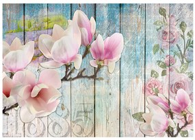 Artgeist Fototapeta - Pink Flowers on Wood Veľkosť: 400x280, Verzia: Standard
