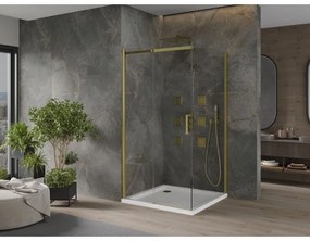 Mexen Omega, sprchovací kút s posuvnými dverami 100 (dvere) x 100 (stena) cm, 8mm číre sklo, zlatý profil + slim sprchová vanička 5cm, 825-100-100-50-00-4010