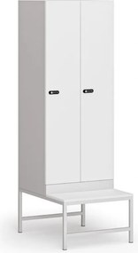 Šatníková skrinka S1 s lavičkou, 2 oddiely, 1875 x 600 x 500/800 mm, demont, mechanický kódový zámok, laminované dvere, biela