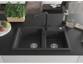 Mexen Tomas, granitový drez 800x500x190 mm, 2-komorový a čierna batéria Duero, čierna škvrnitá, 6516-76-671600-70