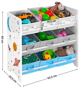 Detský regál s látkovými boxmi ANET modro-biely