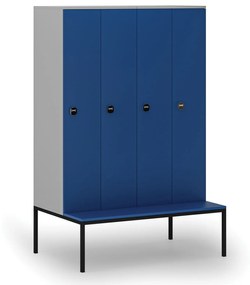 Drevená šatníková skrinka s lavičkou, 4 oddiely, 1871 x 1200 x 500/800 mm, RFID zámok, sivá / modrá