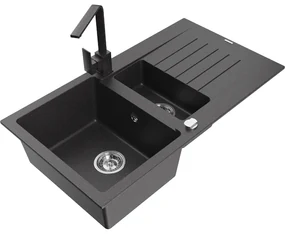 Mexen Matias, granitový drez 900x505x200 mm, 1,5-komorový a čierna škvrnitá batéria Rita, čierna škvrnitá, 6502-76-670300-76