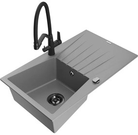 Mexen Cesar, 1-komorový granitový drez 775x470x190 mm a drezová batéria Duo, šedá, 6514-71-671701-70-B