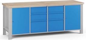 Dielenský pracovný stôl G7, buková škárovka, 2100 x 685 x 840 mm, 2x skrinka, 6 zásuviek, modrá