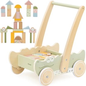 Drevený blokový vozík – krokodíl | Chodítko s kockami pre deti