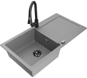 Mexen Leo, 1-komorový granitový drez 900x500x190 mm a drezová batéria Elia, šedá, 6501-71-670101-70-B