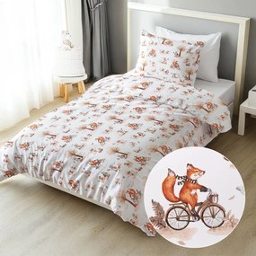 Biante Detské bavlnené posteľné obliečky Sandra SA-696 Líšky na bicykloch - hnedé na bielom Predĺžené 140x220 a 70x90 cm
