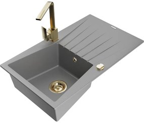 Mexen Cesar, granitový drez 775x470x190 mm, 1-komorový, šedá so zlatým sifónom a zlatá drezová batéria Rita, 6514-71-670300-50