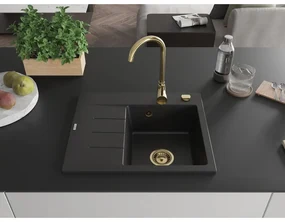 Mexen Ben, 1-komorový granitový drez 600x500x190 mm, pravý + zlatý sifón, čierna, 6523605000-77-G