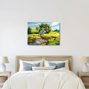 Sklenený obraz - Rieka medzi lúkami, olejomaľba (70x50 cm)