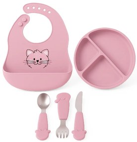 Dětský silikonový set FreeON - růžový talíř, příbor a bryndák