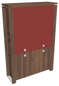 Vysoká skriňa Verno+ 140 x 46 x 210 cm, kombinované dvere, orech / červená