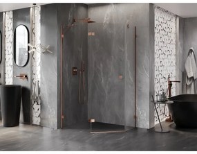 Mexen Lunar, Päťuholníkový sprchový kút Mexen Lunar naklápací doľava 100 x 80 cm, 8mm číre sklo, profil ružové zlato, 831-100L-080P-60-00-L