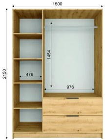 Šatníková skriňa so zrkadlom VISTA 150x215 cm dub artisan/grafit
