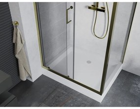 Mexen Apia, sprchový kút s posuvnými dverami 120 (dvere) x 90 (stena) cm, 6mm číre sklo, zlatý profil + biela sprchová vanička RIO, 840-120-090-50-00-4510