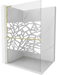 Mexen Kioto+ L, sprchová zástena Walk-In s poličkou a vešiakom 90 x 200 cm, 8mm číre sklo biely vzor, zlatý matný profil, 800-090-123-55-85