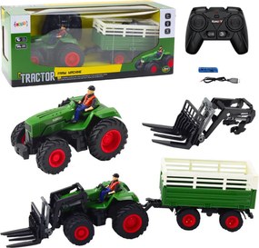 LEAN Toys Poľnohospodársky traktor s prívesom a vidlicami, diaľkovo ovládaný RC 2,4 GHz